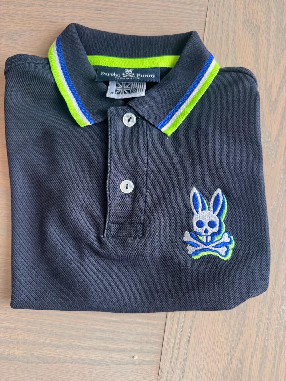 Psycho Bunny Boys' Navy Polo with Lime & Blue Trim size 3T
